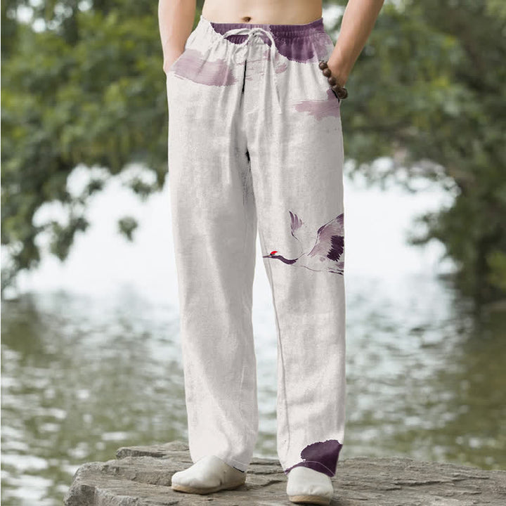 Buddha Stones Pantalon fuselé pour homme en coton à motif de grues à couronne rouge, avec poches - Chardon - US/UK/AU50，EU60 (5XL) - image 4