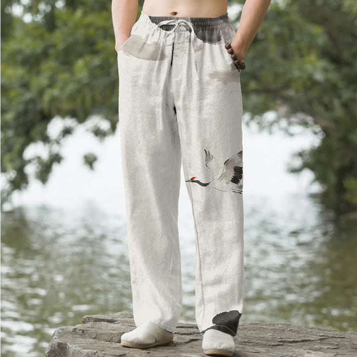 Buddha Stones Pantalon fuselé pour homme en coton à motif de grues à couronne rouge, avec poches - Noir - US/UK/AU50，EU60 (5XL) - image 6