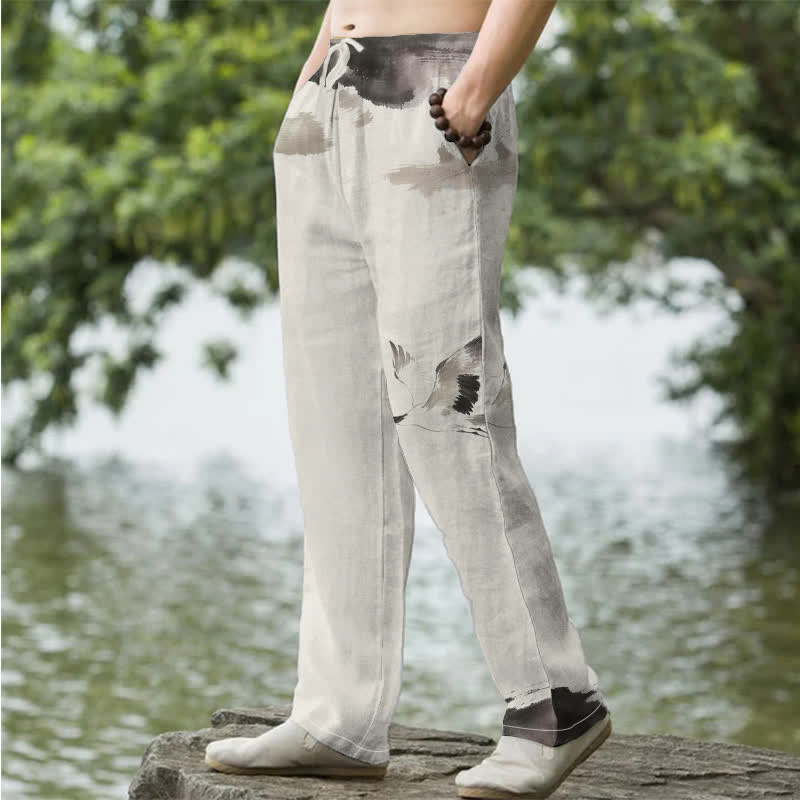 Buddha Stones Pantalon fuselé pour homme en coton à motif de grues à couronne rouge, avec poches - image 7
