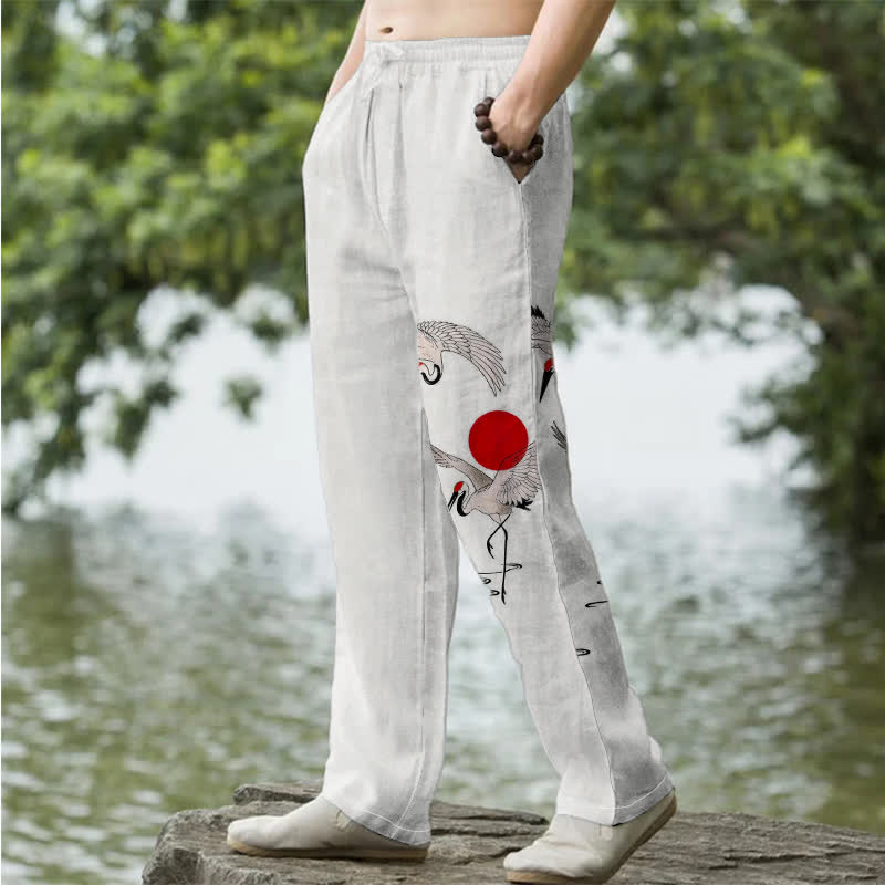 Buddha Stones Pantalon fuselé pour homme en coton rouge à motif de grues du soleil, avec poches - image 1