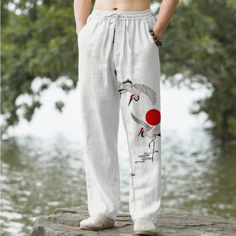 Buddha Stones Pantalon fuselé pour homme en coton rouge à motif de grues du soleil, avec poches - Lin - US/UK/AU50，EU60 (5XL) - image 0