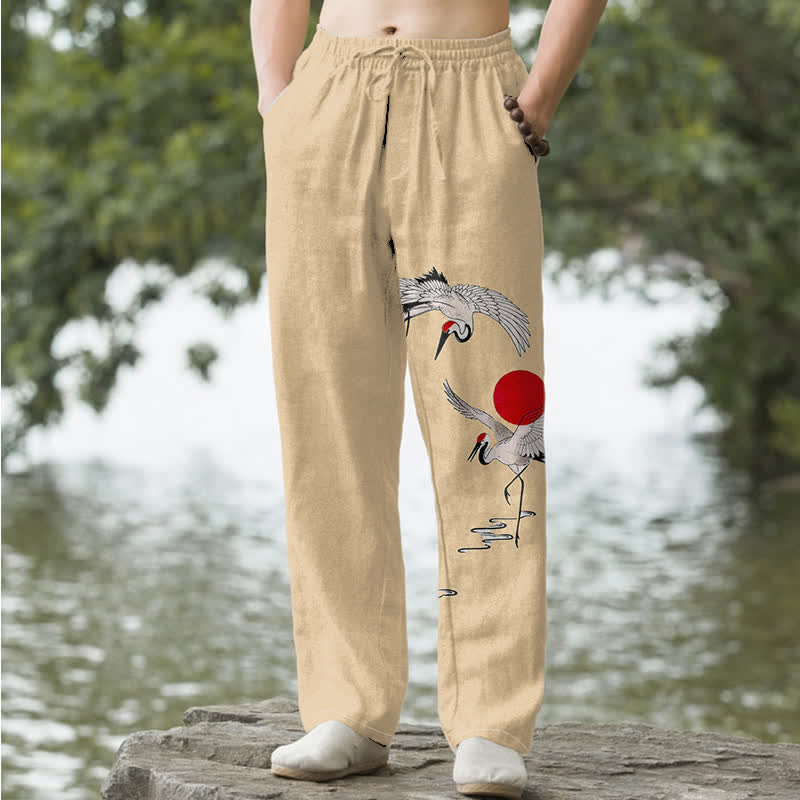 Buddha Stones Pantalon fuselé pour homme en coton rouge à motif de grues du soleil, avec poches - Blé - US/UK/AU50，EU60 (5XL) - image 4