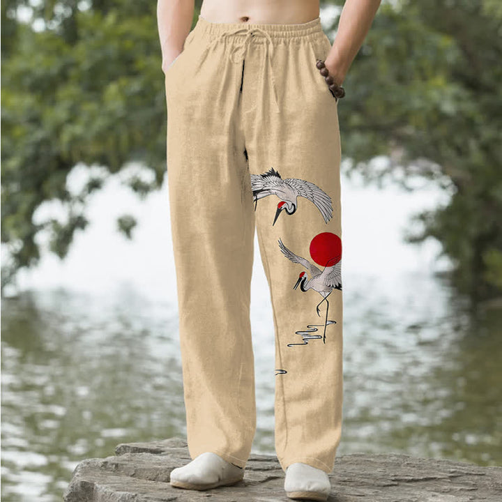 Buddha Stones Pantalon fuselé pour homme en coton rouge à motif de grues du soleil, avec poches - Blé - US/UK/AU50，EU60 (5XL) - image 4