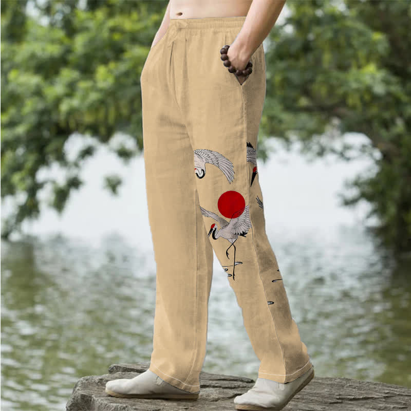 Buddha Stones Pantalon fuselé pour homme en coton rouge à motif de grues du soleil, avec poches - image 5