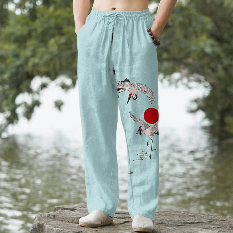 Buddha Stones Pantalon fuselé pour homme en coton rouge à motif de grues du soleil, avec poches - Turquoise pâle - US/UK/AU50，EU60 (5XL) - image 6
