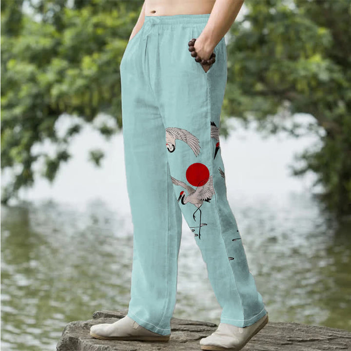 Buddha Stones Pantalon fuselé pour homme en coton rouge à motif de grues du soleil, avec poches - image 7