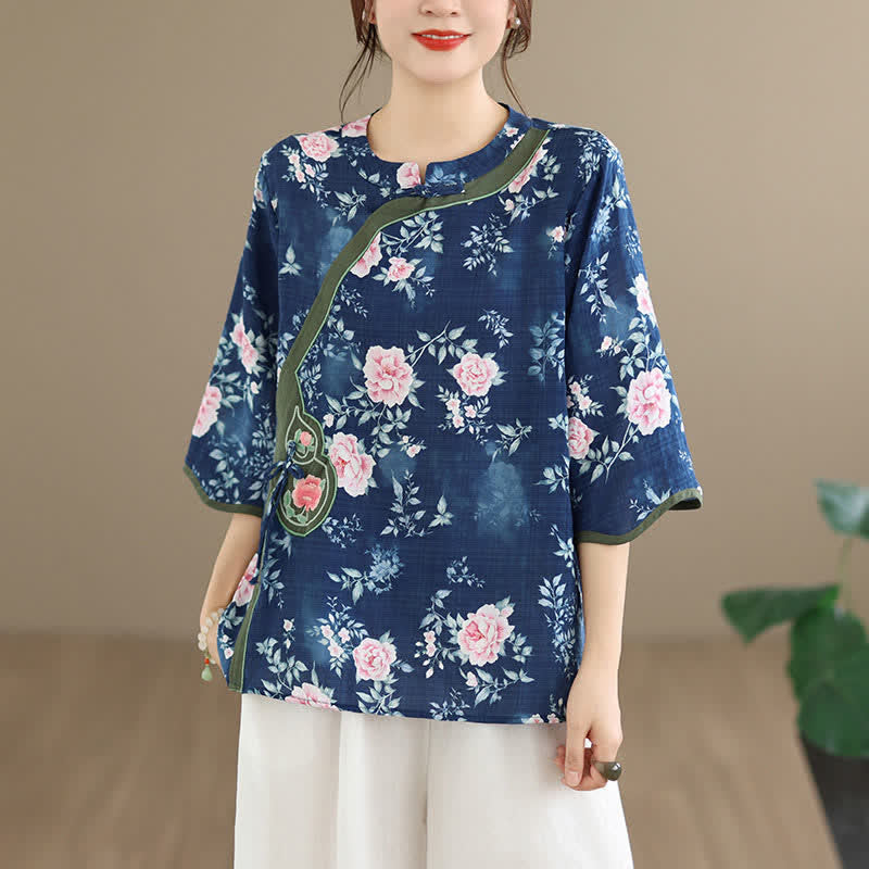Buddha Stones Chemises d'été décontractées à manches 3/4 pour femmes, style Tang, à boutons grenouille et motif pivoine rose. - image 2