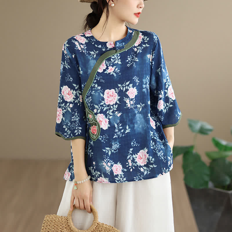 Buddha Stones Chemises d'été décontractées à manches 3/4 pour femmes, style Tang, à boutons grenouille et motif pivoine rose. - Bleu ardoise foncé - US8-10, UK/AU12-14, EU40-42 (2XL) - image 0