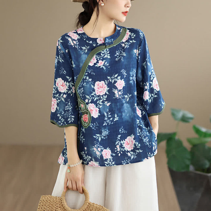 Buddha Stones Chemises d'été décontractées à manches 3/4 pour femmes, style Tang, à boutons grenouille et motif pivoine rose. - Bleu ardoise foncé - US8-10, UK/AU12-14, EU40-42 (2XL) - image 0