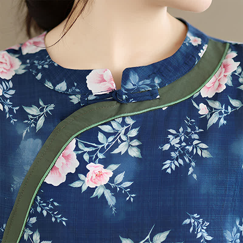 Buddha Stones Chemises d'été décontractées à manches 3/4 pour femmes, style Tang, à boutons grenouille et motif pivoine rose. - image 8