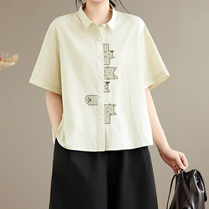 Buddha Stones Chemises à manches courtes pour femmes, style minimaliste décontracté d'été, avec broderie chat et boutons - image 11