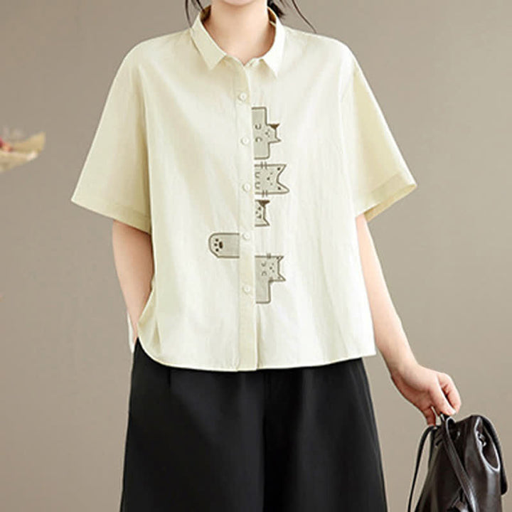 Buddha Stones Chemises à manches courtes pour femmes, style minimaliste décontracté d'été, avec broderie chat et boutons - image 11