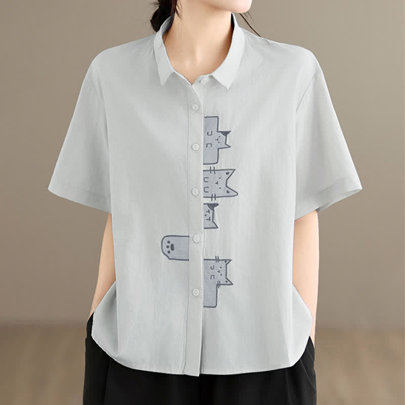 Buddha Stones Chemises à manches courtes pour femmes, style minimaliste décontracté d'été, avec broderie chat et boutons - image 17