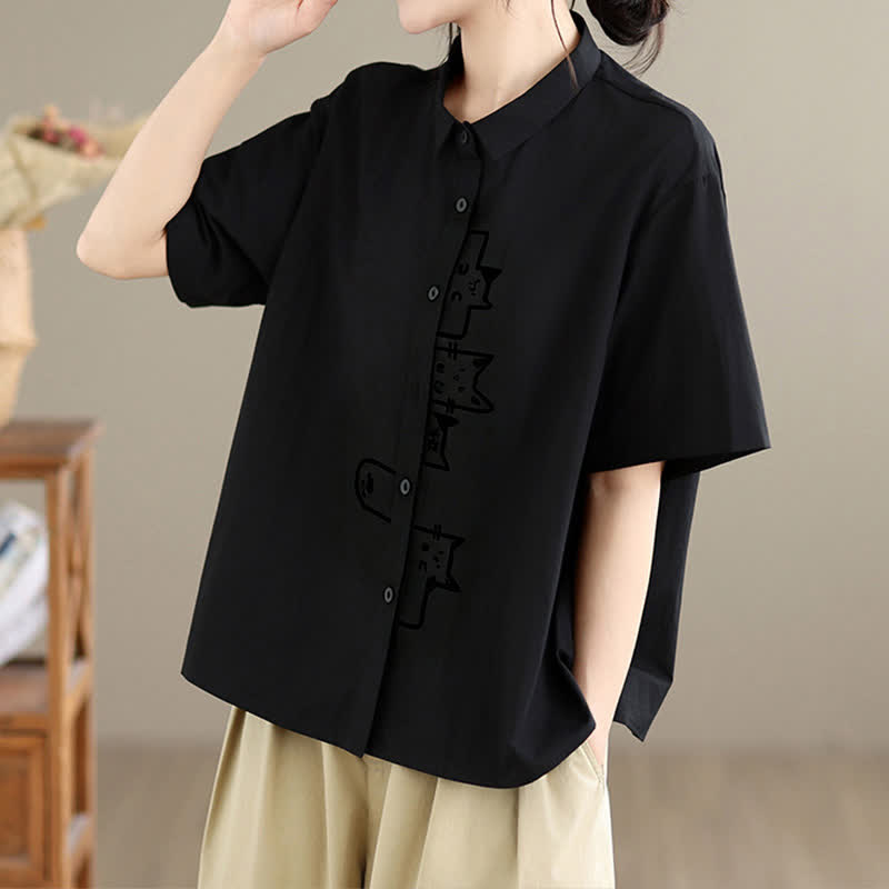 Buddha Stones Chemises à manches courtes pour femmes, style minimaliste décontracté d'été, avec broderie chat et boutons - image 5