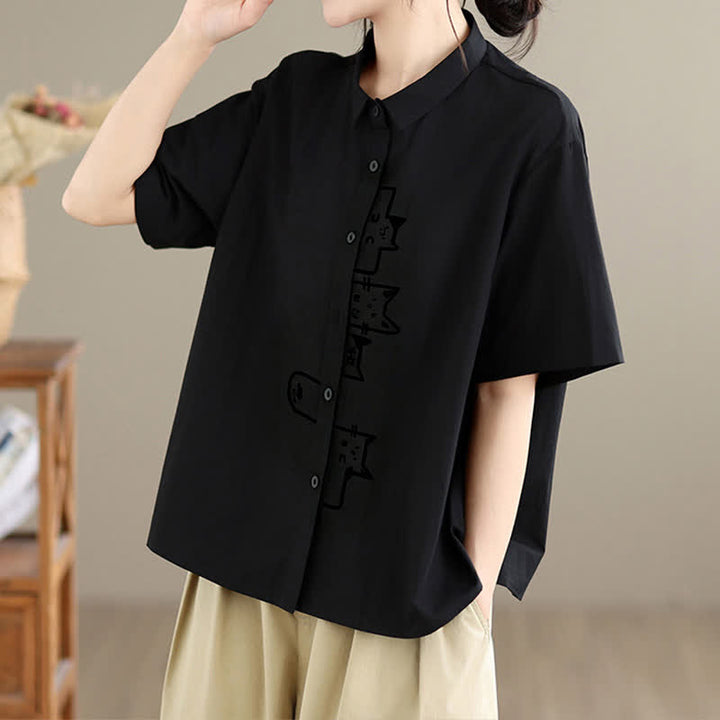 Buddha Stones Chemises à manches courtes pour femmes, style minimaliste décontracté d'été, avec broderie chat et boutons - image 5