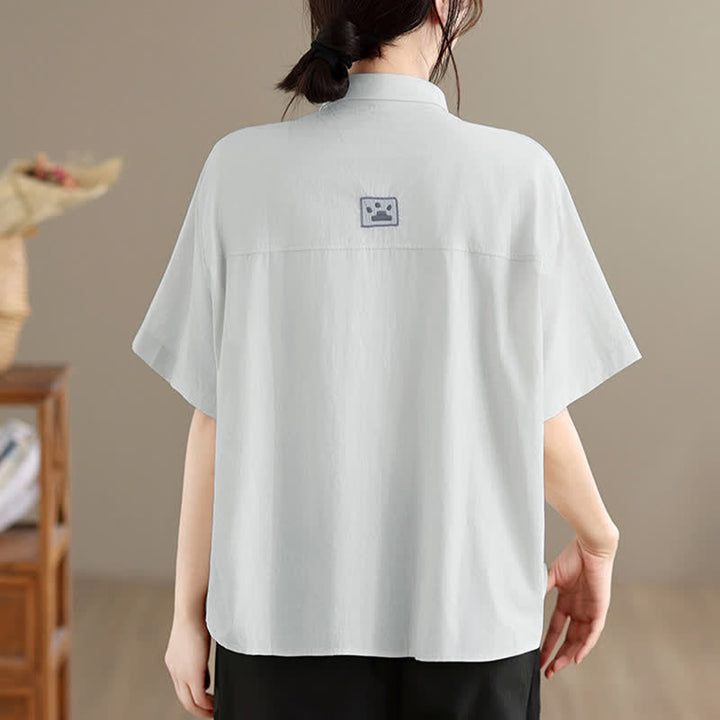Buddha Stones Chemises à manches courtes pour femmes, style minimaliste décontracté d'été, avec broderie chat et boutons - image 19