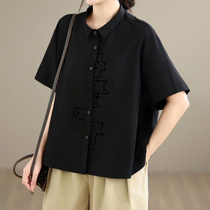 Buddha Stones Chemises à manches courtes pour femmes, style minimaliste décontracté d'été, avec broderie chat et boutons - image 4