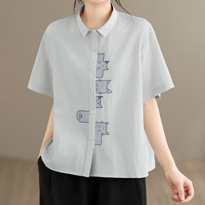 Buddha Stones Chemises à manches courtes pour femmes, style minimaliste décontracté d'été, avec broderie chat et boutons - Gainsboro - US8-10, UK/AU12-14, EU40-42 (2XL) - image 16