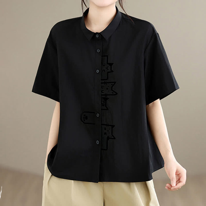 Buddha Stones Chemises à manches courtes pour femmes, style minimaliste décontracté d'été, avec broderie chat et boutons - image 2