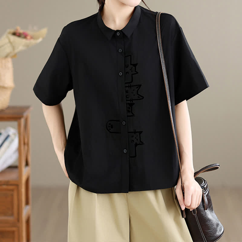 Buddha Stones Chemises à manches courtes pour femmes, style minimaliste décontracté d'été, avec broderie chat et boutons - Noir - US8-10, UK/AU12-14, EU40-42 (2XL) - image 0