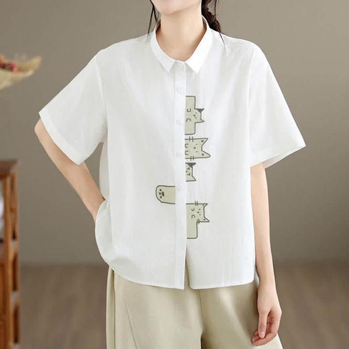 Buddha Stones Chemises à manches courtes pour femmes, style minimaliste décontracté d'été, avec broderie chat et boutons - Blanc - US8-10, UK/AU12-14, EU40-42 (2XL) - image 21