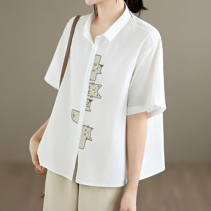 Buddha Stones Chemises à manches courtes pour femmes, style minimaliste décontracté d'été, avec broderie chat et boutons - image 22
