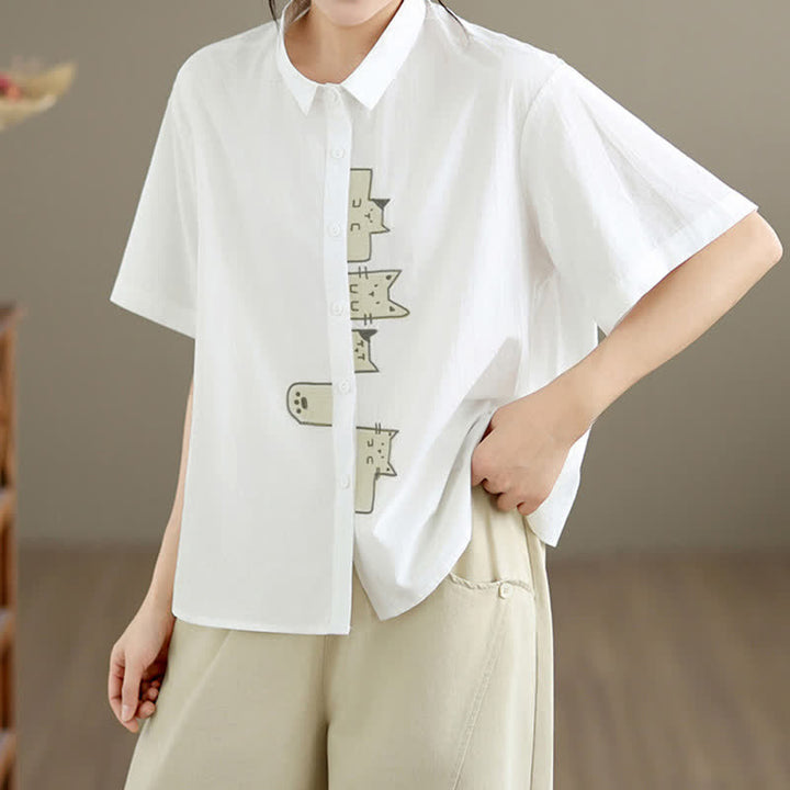 Buddha Stones Chemises à manches courtes pour femmes, style minimaliste décontracté d'été, avec broderie chat et boutons - image 23