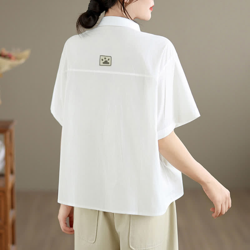 Buddha Stones Chemises à manches courtes pour femmes, style minimaliste décontracté d'été, avec broderie chat et boutons - image 24