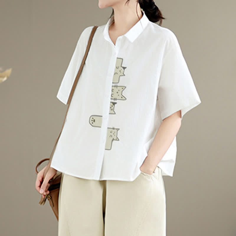 Buddha Stones Chemises à manches courtes pour femmes, style minimaliste décontracté d'été, avec broderie chat et boutons - image 26