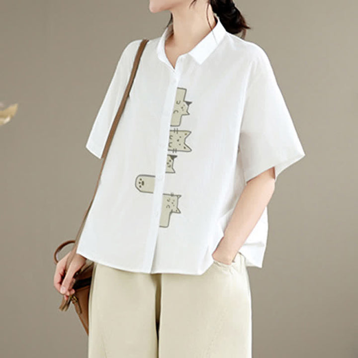 Buddha Stones Chemises à manches courtes pour femmes, style minimaliste décontracté d'été, avec broderie chat et boutons - image 26