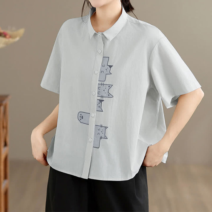 Buddha Stones Chemises à manches courtes pour femmes, style minimaliste décontracté d'été, avec broderie chat et boutons - image 18