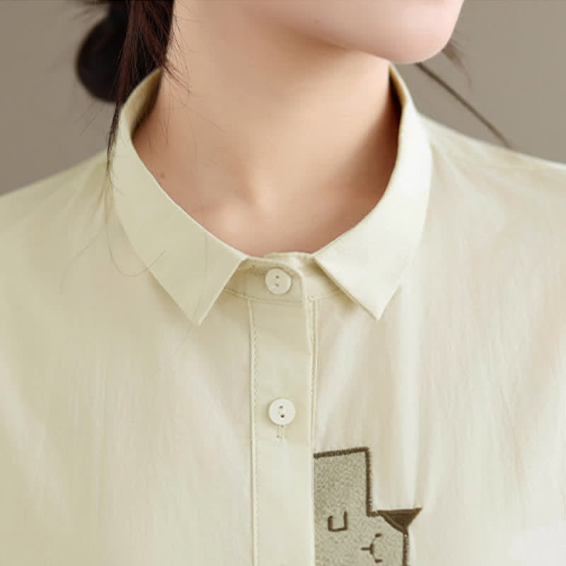 Buddha Stones Chemises à manches courtes pour femmes, style minimaliste décontracté d'été, avec broderie chat et boutons - image 13