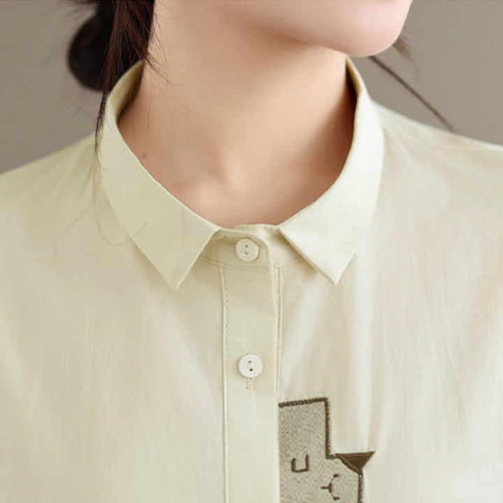 Buddha Stones Chemises à manches courtes pour femmes, style minimaliste décontracté d'été, avec broderie chat et boutons - image 13