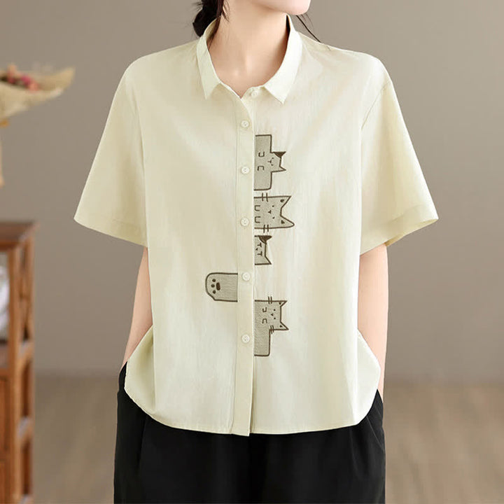 Buddha Stones Chemises à manches courtes pour femmes, style minimaliste décontracté d'été, avec broderie chat et boutons - image 10