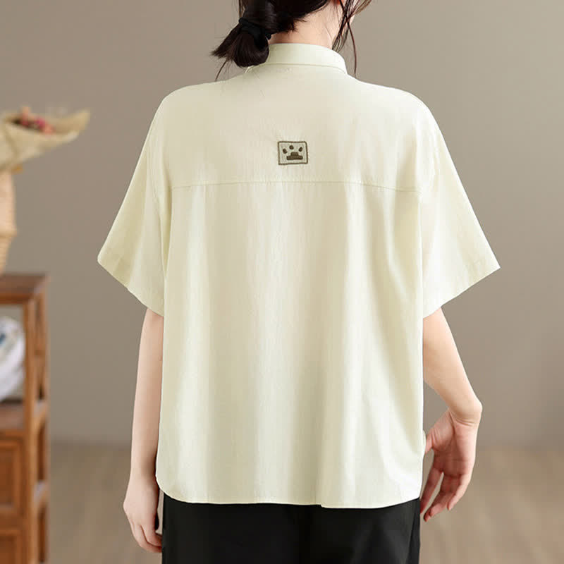 Buddha Stones Chemises à manches courtes pour femmes, style minimaliste décontracté d'été, avec broderie chat et boutons - image 8