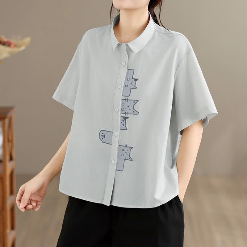 Buddha Stones Chemises à manches courtes pour femmes, style minimaliste décontracté d'été, avec broderie chat et boutons - image 20