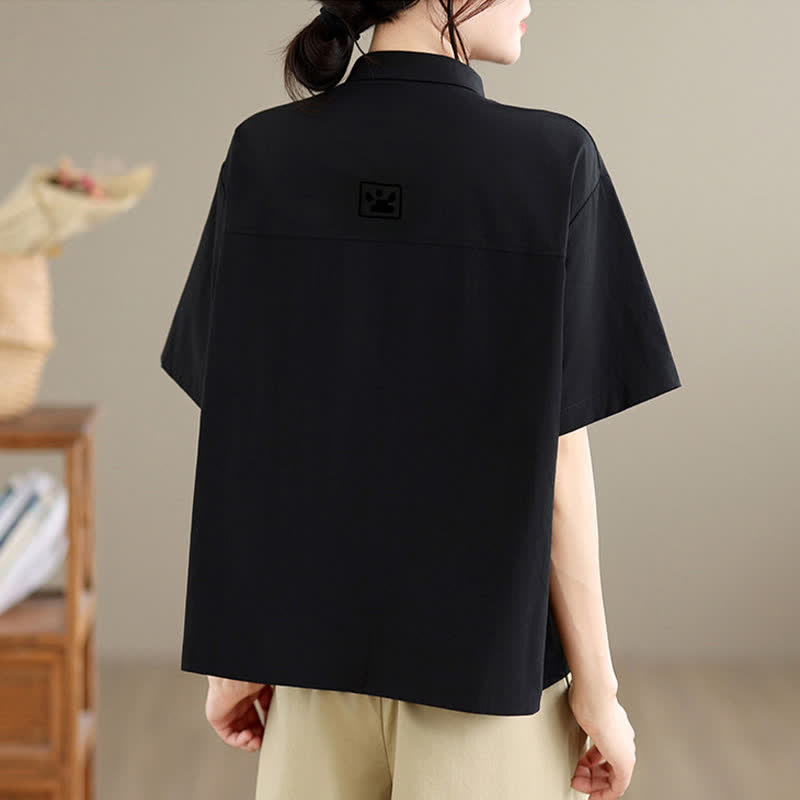 Buddha Stones Chemises à manches courtes pour femmes, style minimaliste décontracté d'été, avec broderie chat et boutons - image 3