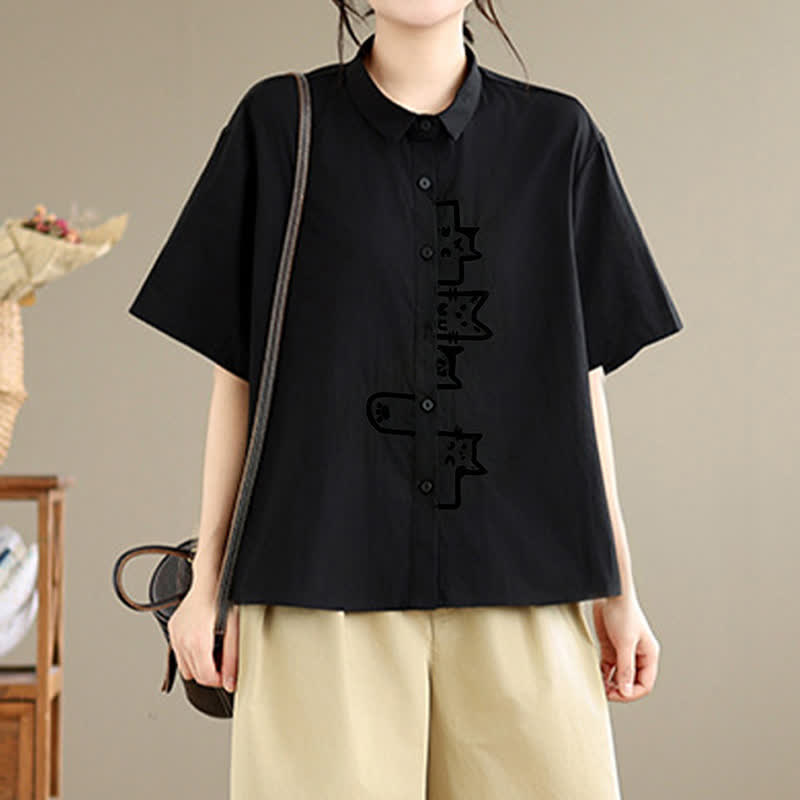 Buddha Stones Chemises à manches courtes pour femmes, style minimaliste décontracté d'été, avec broderie chat et boutons - image 1