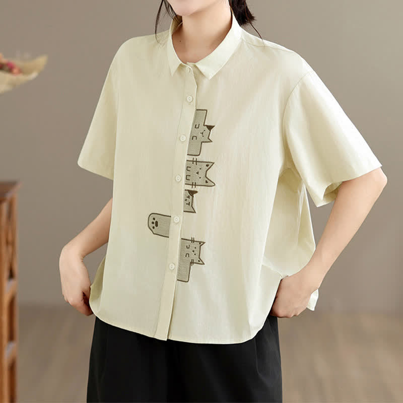 Buddha Stones Chemises à manches courtes pour femmes, style minimaliste décontracté d'été, avec broderie chat et boutons - image 7
