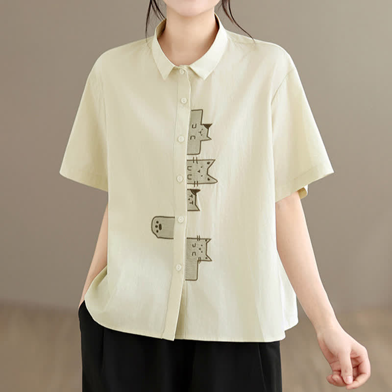 Buddha Stones Chemises à manches courtes pour femmes, style minimaliste décontracté d'été, avec broderie chat et boutons - Beige - US8-10, UK/AU12-14, EU40-42 (2XL) - image 6