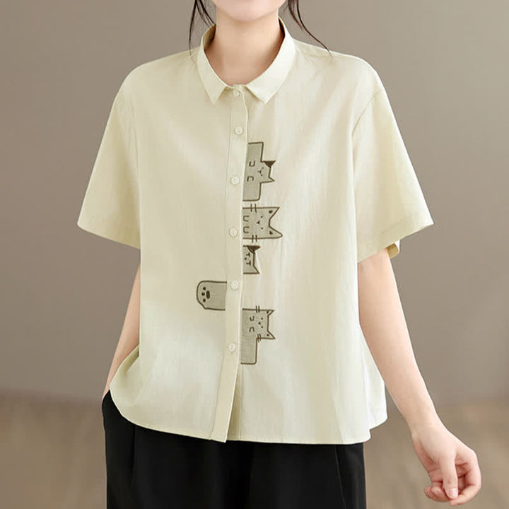 Buddha Stones Chemises à manches courtes pour femmes, style minimaliste décontracté d'été, avec broderie chat et boutons - Beige - US8-10, UK/AU12-14, EU40-42 (2XL) - image 6