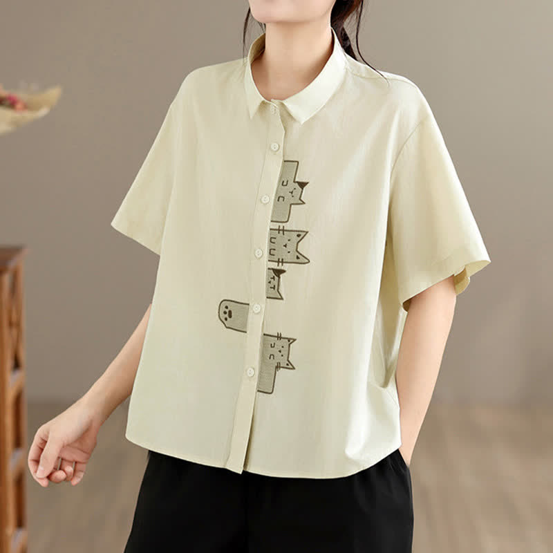Buddha Stones Chemises à manches courtes pour femmes, style minimaliste décontracté d'été, avec broderie chat et boutons - image 9