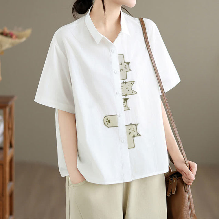 Buddha Stones Chemises à manches courtes pour femmes, style minimaliste décontracté d'été, avec broderie chat et boutons - image 25