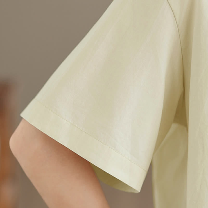 Buddha Stones Chemises à manches courtes pour femmes, style minimaliste décontracté d'été, avec broderie chat et boutons - image 12