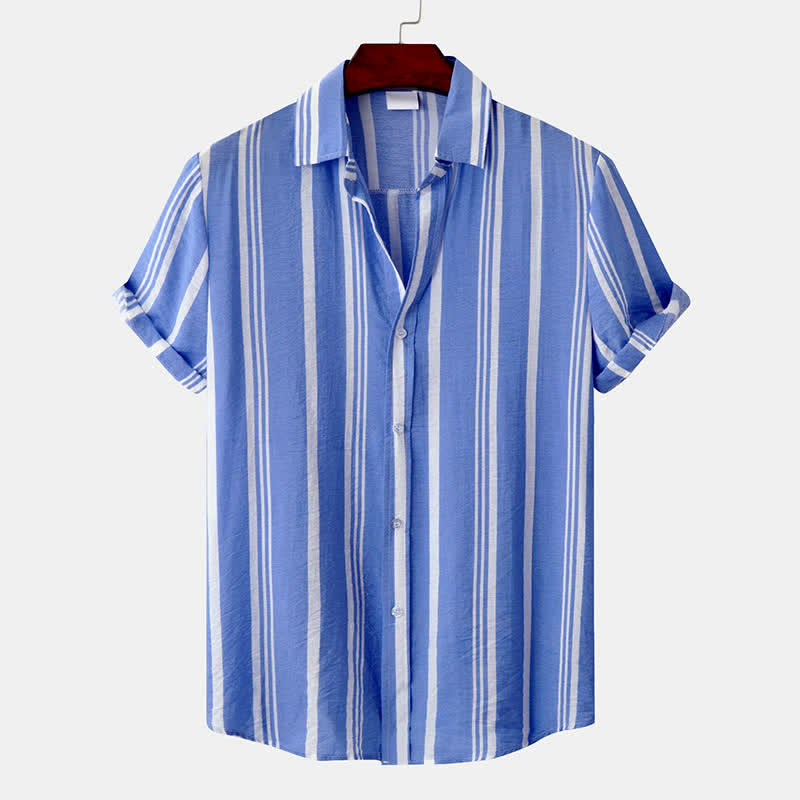Buddha Stones Chemises à manches courtes pour hommes, style classique décontracté d'été, à rayures verticales et boutons. - Bleu clair - US/UK/AU42, EU52 (3XL) - image 14