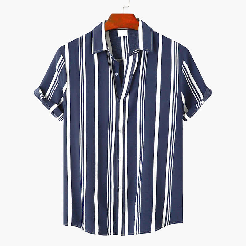 Buddha Stones Chemises à manches courtes pour hommes, style classique décontracté d'été, à rayures verticales et boutons. - SteelBlue - US/UK/AU42, EU52 (3XL) - image 7