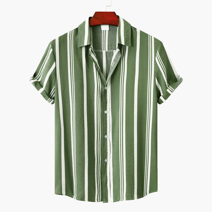 Buddha Stones Chemises à manches courtes pour hommes, style classique décontracté d'été, à rayures verticales et boutons. - Vert foncé - US/UK/AU42, EU52 (3XL) - image 0