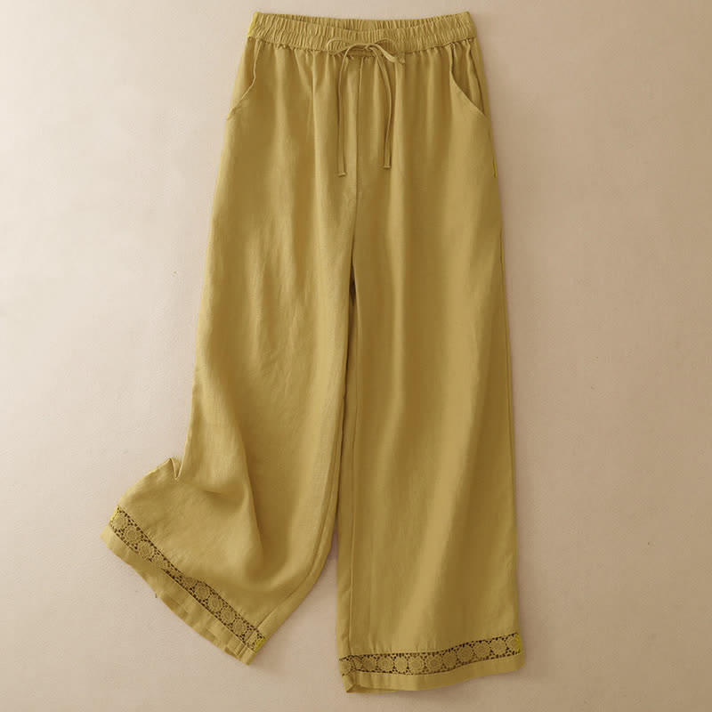 Buddha Stones Pantalon court d'été décontracté et minimaliste à cordon de serrage, ourlet fleuri uni, jambes droites et poches. - Kaki - US8-10, UK/AU12-14, EU40-42 (2XL) - image 0