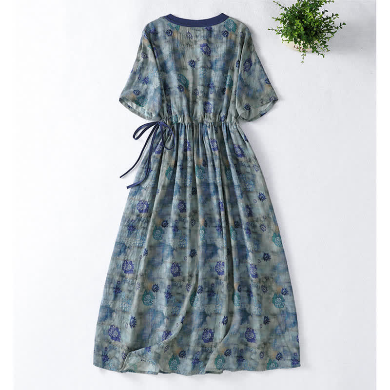 Buddha Stones Robe d'été vintage à manches courtes, col en V fleuri, cordon de serrage et poche, pour femme - image 1