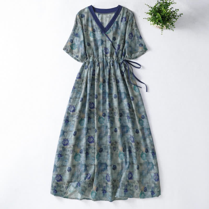 Buddha Stones Robe d'été vintage à manches courtes, col en V fleuri, cordon de serrage et poche, pour femme - Bleu acier clair - US12, UK/AU16, EU44 (2XL) - image 0